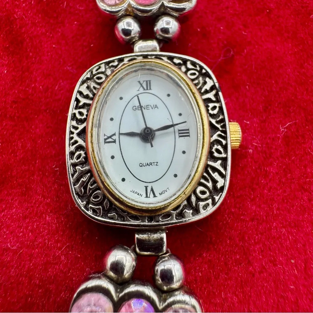 Y2K Geneva‎ Pink Rhinestone Bracelet Quartz Watch Coquette Boho Statement